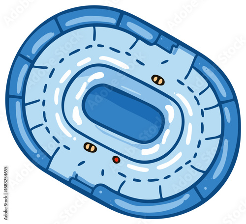Aerial top view of a cartoon sports stadium with an oval race track illustration