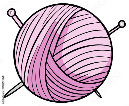 Cute cartoon pink yarn ball with knitting needles for creative knitting and crafting projects