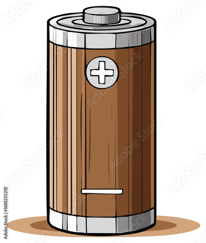 Illustration of a battery, a brown cell with metal caps, energy source and power object, vector art
