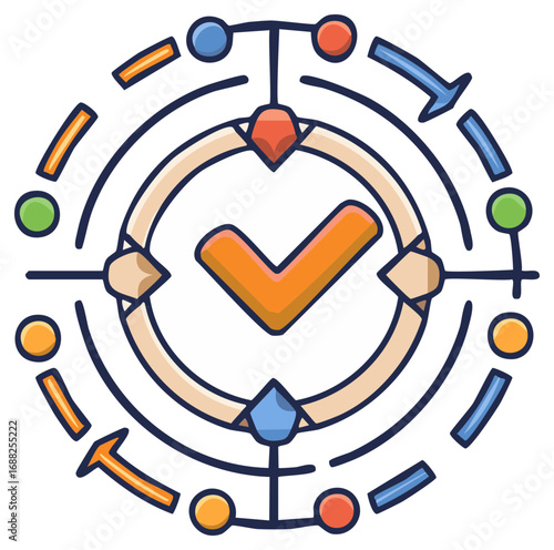 Circular Process Flowchart with Checkmark and Arrows Indicating Workflow Stages