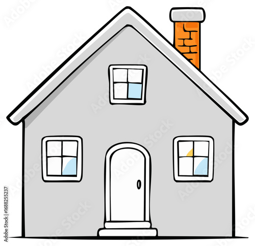 Cartoon gray house with pitched roof and brick chimney and three windows