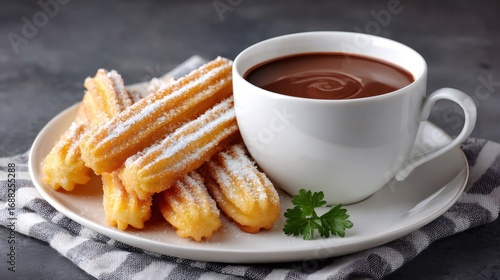 Delicious churros with sugar and hot chocolate for breakfast