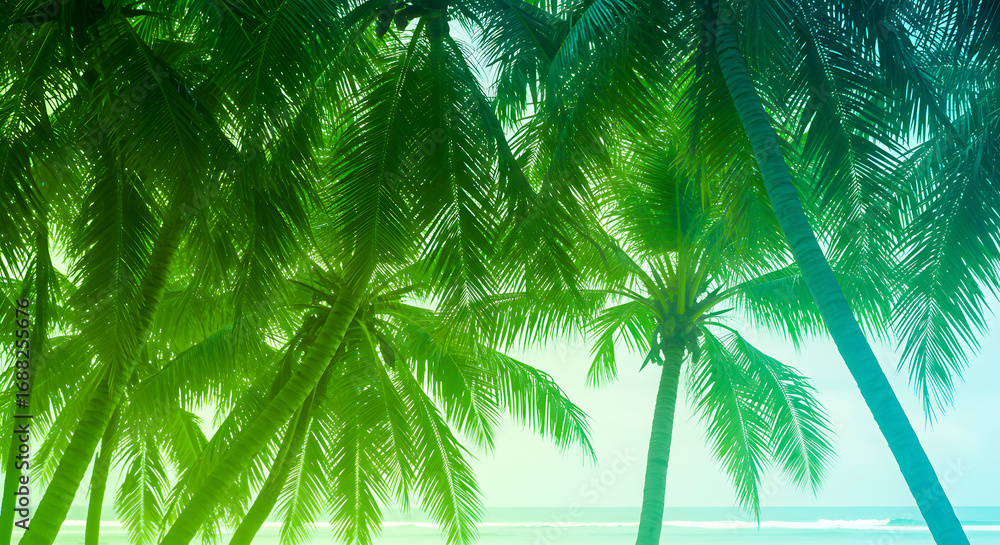 Naklejka premium Vibrant tropical palm trees sway gently under a bright sky, evoking a sense of paradise and relaxation