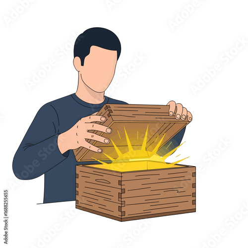 Illustration of Person in Navy Top Opens Wooden Chest with Glowing Gold Light on White Background