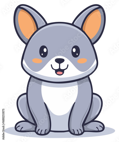 Cute grey cartoon bunny with big ears and rosy cheeks smiling
