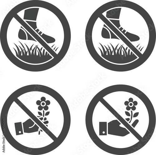 Set of four prohibition signs foot on grass and hand picking flower no trespassing symbols vector