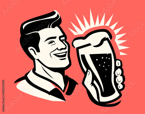 Friendly smiling man with glass of beer. Retro advertising poster. Pub, restaurant comic style vector illustration