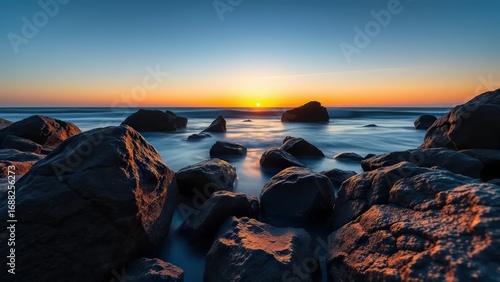 Sea view at sunset with large rocks and boulders in the foreground