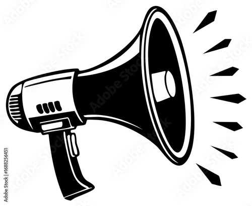 Black and white illustration of a megaphone with sound waves emanating from it