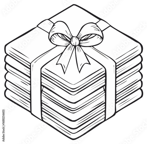 Monochromatic outline drawing of a stacked present or packaged goods adorned with a delicate ribbon and bow