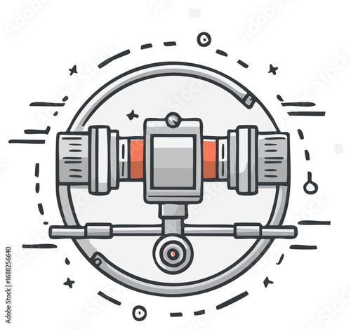 Water Pipe Fitting System with Valve, Industrial Plumbing Components, Line Art Illustration