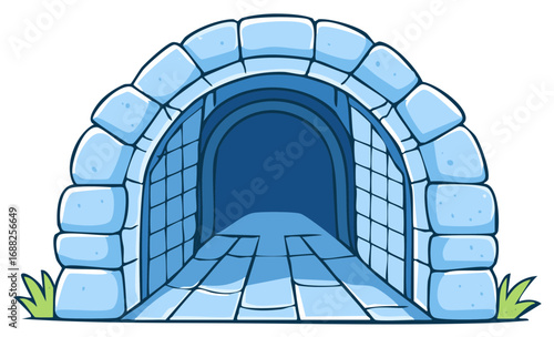Stone Cartoon Tunnel Leading to Deep Blue Interior with Grass Border Details Illustration