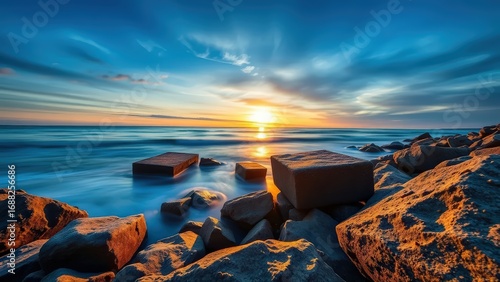 Sea view at sunset with large rocks and boulders in the foreground