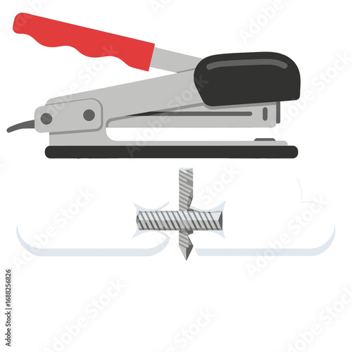 Silver Stapler with Red Handle Securing Paper Against White Background in Isolated Studio Shot