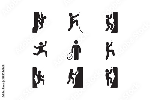 Rock climbing icons set with rope, wall, and bouldering silhouette pictograms