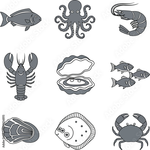 Seafood icons collection lobster octopus shrimp fish oyster crab scallop flatfish restaurant menu food design elements vector
