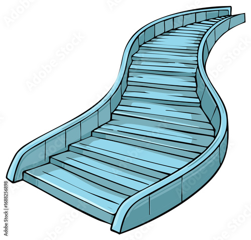 Cartoon illustration of a curved staircase. Vector graphic of blue stairs with railing.