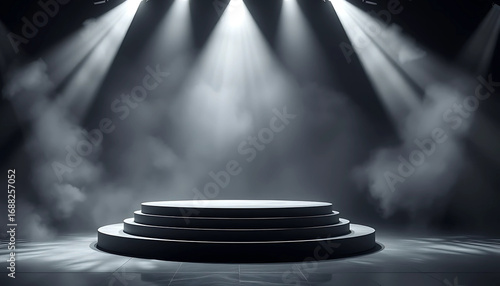  Empty dramatic showcase with podium in glowing silver haze, strong spotlight piercing through smoke.