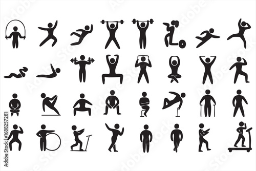 Cardio and strength training icons set including treadmill and weightlifting symbols