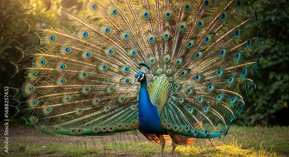 Obraz premium Magnificent peacock displays vibrant plumage courtship dance stunning detail