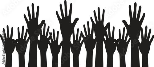 Silhouette image of many hands raised against a white background