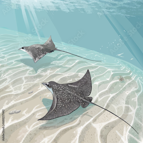 Spotted Eagle Rays Swimming in Shallow Tropical Water.