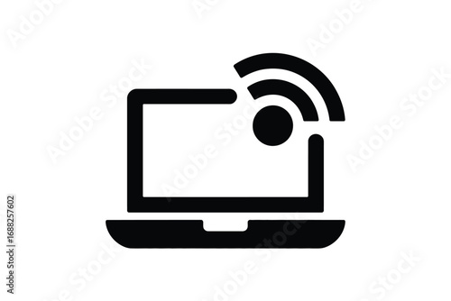Simple silhouette icon of a laptop with wi-fi signal waves indicating connectivity
