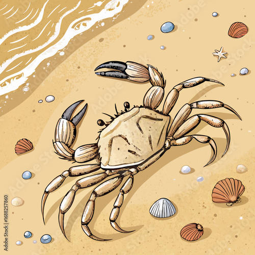 Stylized crab illustration on a sandy beach with shells.