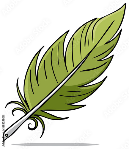 Green cartoon feather isolated on white, vector illustration