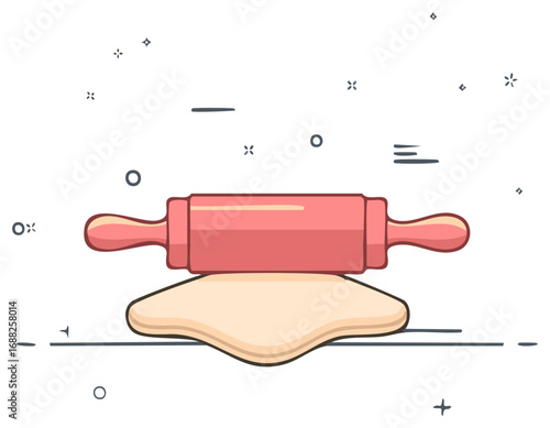 Pink rolling pin flattening fresh pastry dough a simple graphic illustration for baking