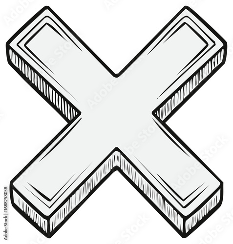 Hand drawn black and white 3D X mark icon, a cancel symbol or multiplication sign