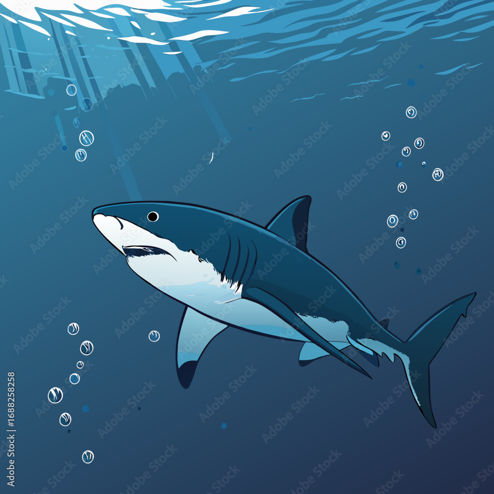 Naklejka premium Stylized Great White Shark Swimming Underwater.