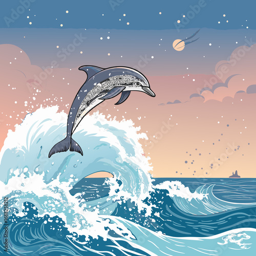 Stylized Dolphin Leaping from Wavy Ocean at Night.