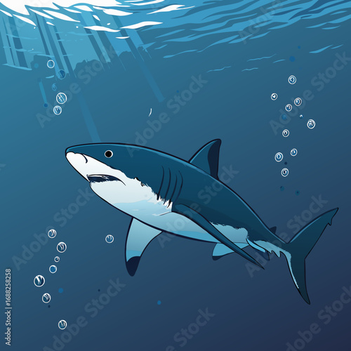 Stylized Great White Shark Swimming Underwater.
