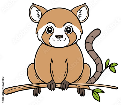 Cute cartoon lemur sitting on a tree branch, isolated on white background