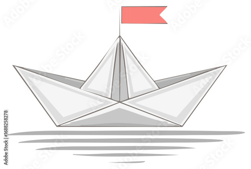 Origami paper boat with a red flag floating on water simple vector illustration