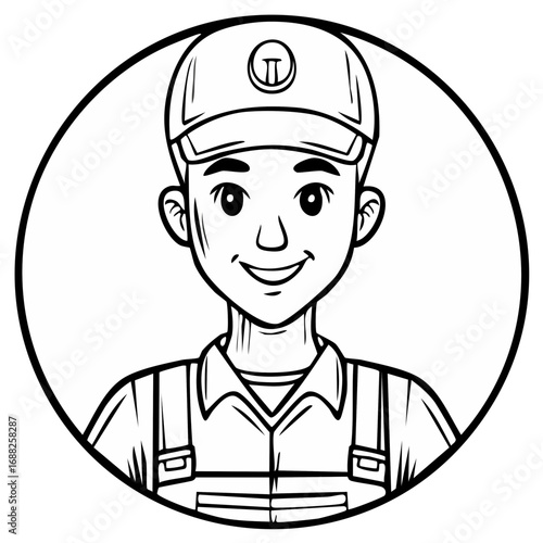 A smiling young worker or handyman in a cap and overalls, a black and white line art cartoon character portrait.