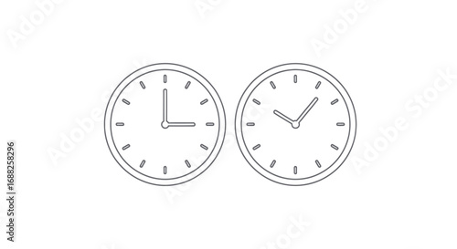 Two Simple Line-Drawn Analog Clocks Showing Different Times.