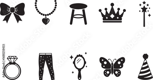 Collection of Black Silhouette Icons for Girls' Dress- Up and Parties on White Background Keywords: bow, necklace, pendant, heart, stool, chair, crown, tiara, magic wand, star, ring, diamond, ring