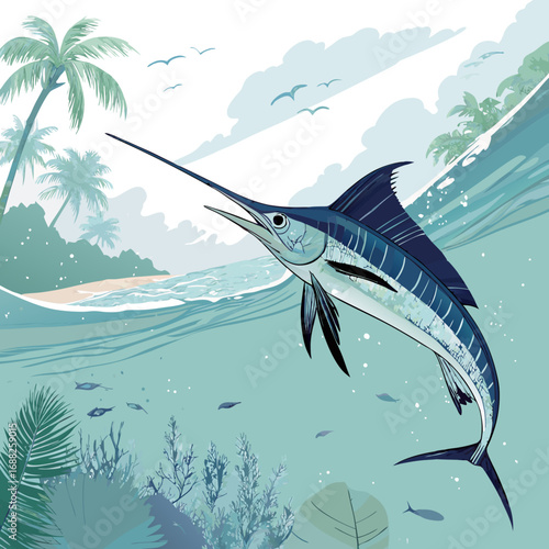 Stylized illustration of a blue marlin leaping from the sea.