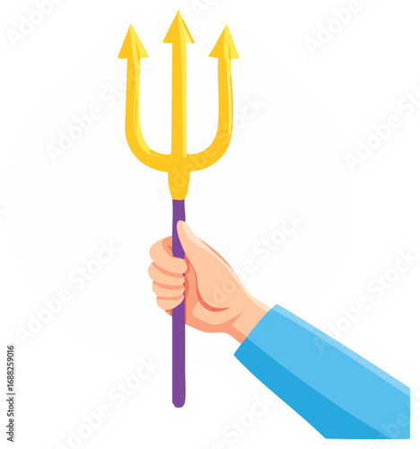 Hand holding a golden trident with a purple shaft, symbolizing power, mythology, and the sea