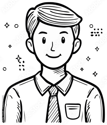Doodle illustration of a young man in formal shirt and tie with stars and circles around his head and shoulders