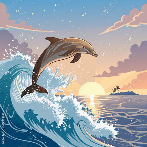 Stylized illustration of a dolphin jumping over an ocean wave at sunset.