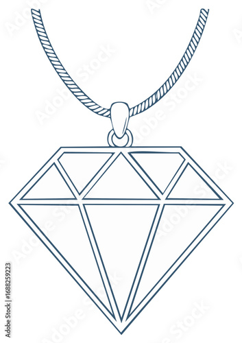 Hand-drawn outline of a diamond pendant on a delicate chain, minimalist jewelry design