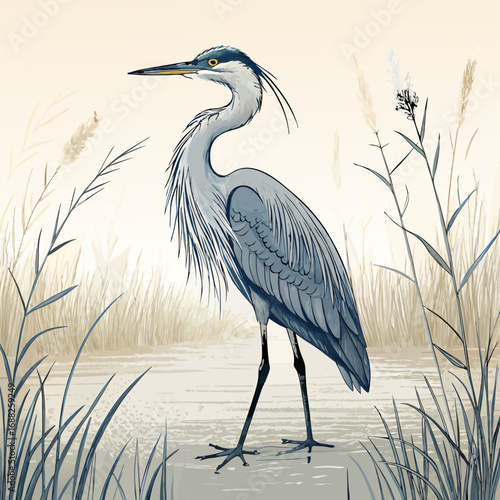 Stylized Illustration of a Great Blue Heron in a Marsh.