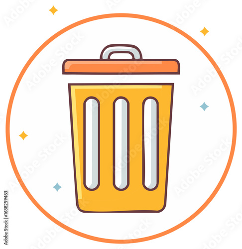 Yellow Trash Can Icon with Orange Lid and Ring Border for Waste Disposal