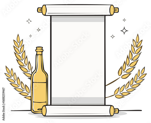 Paper Scroll with Bottle and Wheat Ears Illustration for Brewing Advertisement