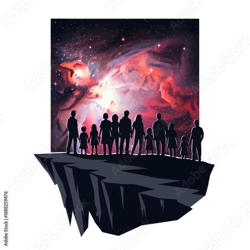 Silhouetted Figures Staring At Cosmic Nebula On Floating Rock Formation Pixel Art Style With Dark Palette And Colorful Space Background Stars Planets Digital Painting