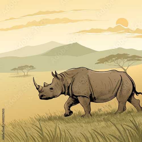 Stylized illustration of a rhinoceros walking in the savanna.