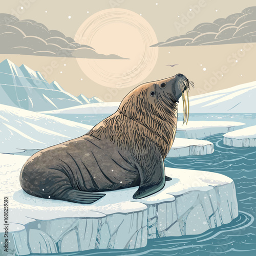 Stylized Illustration of a Walrus on an Iceberg in the Arctic.